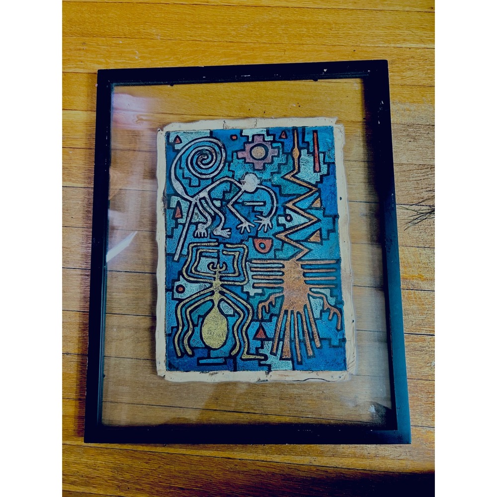 Peruvian Leather Folk Art Framed Paracas Nazca Style Cusco Painting 21x17 - Picture 12 of 17